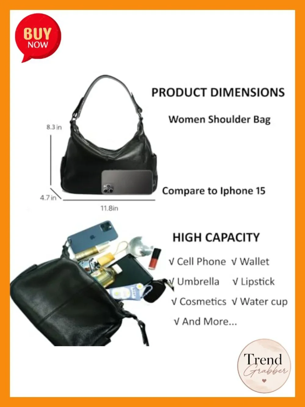 Genuine Leather Hobo Bag Crossbody Handbag 3 Straps Women Shoulder Purse